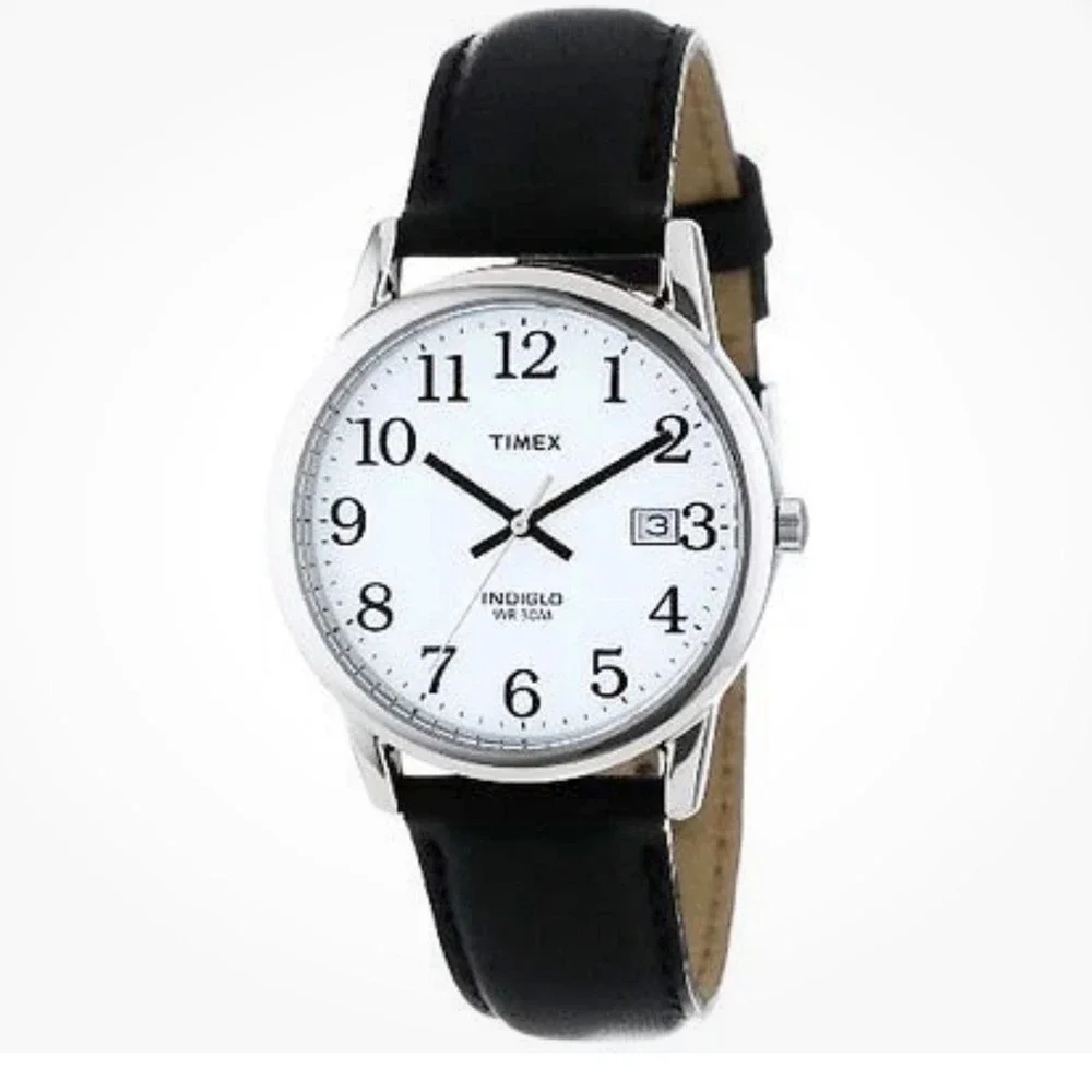 Timex Easy Reader Watch 35mm Silver White Black‎ Leather Indiglo T2H281 9J